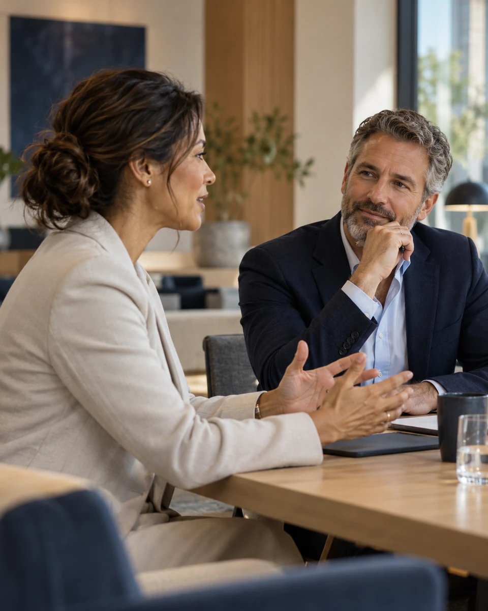 Conceptual career conversation between a professional and a recruitment advisor